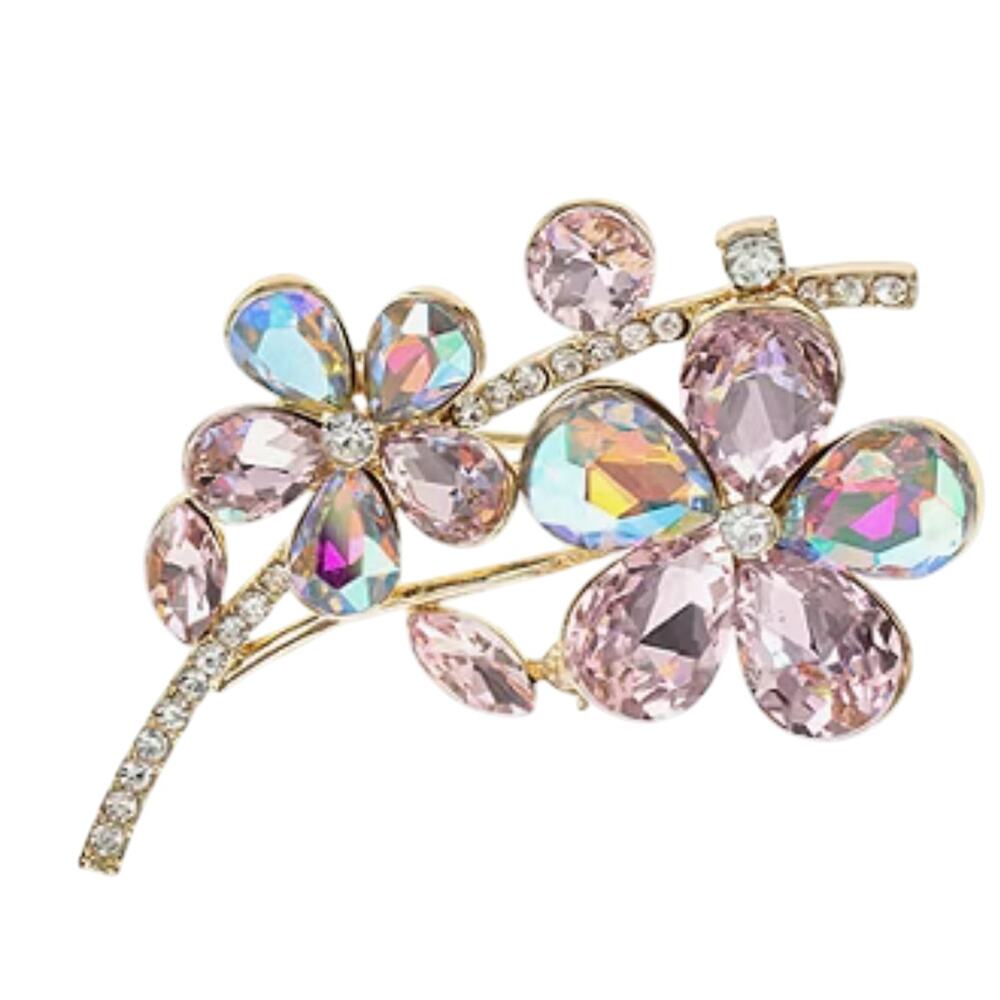 MONET Flower Brooch Pin Gold Tone Rhinestone Pink AB Crystal Figural New in Box - Picture 4 of 10